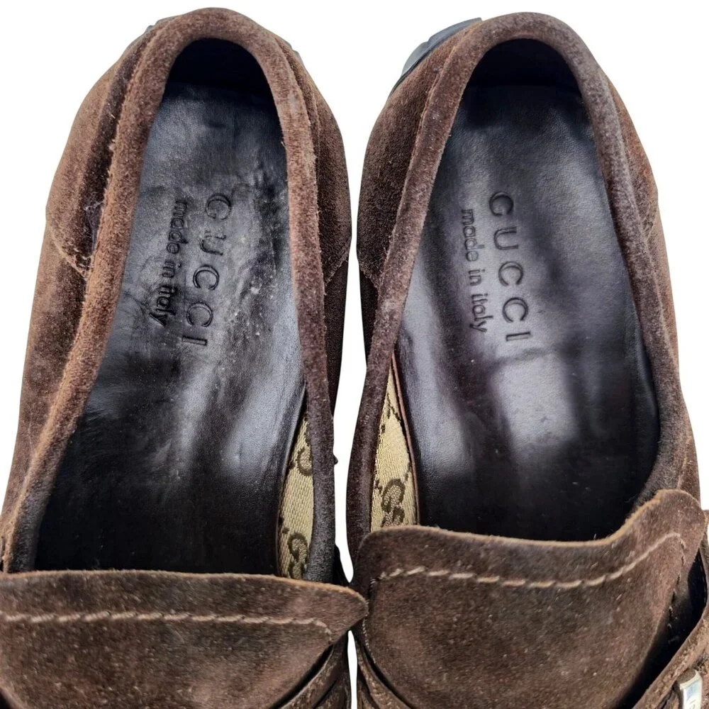 Gucci Italy Brown Suede Leather Driving Loafers Mens 8 Designer Dress Loafers - Picture 5 of 11